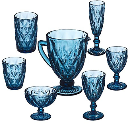 Relaxdays Set de Vasos de Cristal, 7 Piezas, con Jarra, Copas de vino, Postre, Vasos de agua, para Lavavajillas, Azul