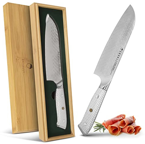 EKVALLY • BIE Damastmesser Santoku Kochmesser 18cm Klinge 73 Lagen AUS10 extrem scharf Profimesser aus Damast