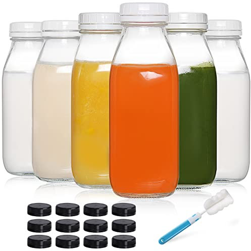 YEBODA 16oz Glass Milk Bottle with Plastic Tamper-proof Caps (6 Pack) Milk Jars with Lids Glass Bottles for Milk, Buttermilk, Honey, Tomato Sauce, Jam, Syrup, BBQ, Picnics, Dishwasher Safe