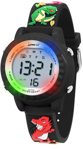 HMJIA 3D Cartoon Design Armbanduhr für Kinder Jungen und Mädchen 3ATM Wasserdicht Kinderuhr mit Wecker/Datum/Stoppuhr/LED (LED Schwarzer Dinosaurier)