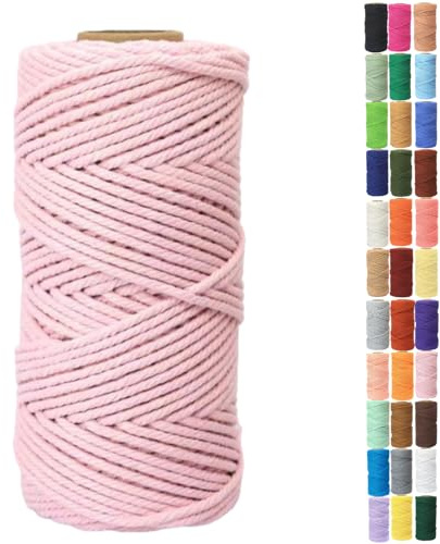 Binwat Macrame Cord Thick Natural Cotton Cord DIY Crafts Yarn Thread Twisted Spool Twine String Cotton Rope for Wall Hanging,Plant Hangers,Knitting,Decorative Projects 4mm x100m (Light Pink)