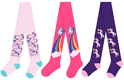 L&K-II 3er Strumpfhose Kinder Strickstrumpfhose für Mädchen mit unterschiedlichen Einhorn Mustern und Farben in Set 2730A 110-116