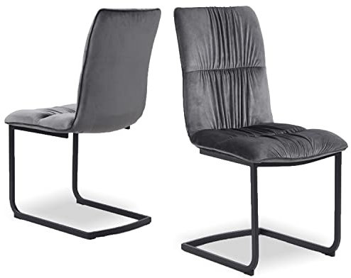 B&D home Esszimmerstühle Olivia 2er Set, Freischwinger Stühle Esszimmer, Schwingstuhl, Polsterstuhl, Essstühle, Küchenstühle, Samtstoff Grau im Retrostil (Grau)