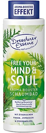 Dresdner Essenz - Schaumbad Free your Mind & Soul - Grüne-Frische Entspannungsbad mit Pinienöl, Zypressenöl und Zedernholzöl - Erholung mit Mandelöl - Entspannend, Vitalisierend - Vegan - 500ml