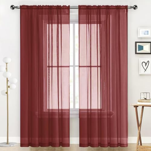 SpaceDresser Sheer Voile Window Treatment Rod Pocket Curtain Panels for Kitchen Bedroom Living Room Drapes Sunlight Filtering Privacy Semi Home Decor Assorted Colors Sizes (Burgundy, 52 W x 54 L)