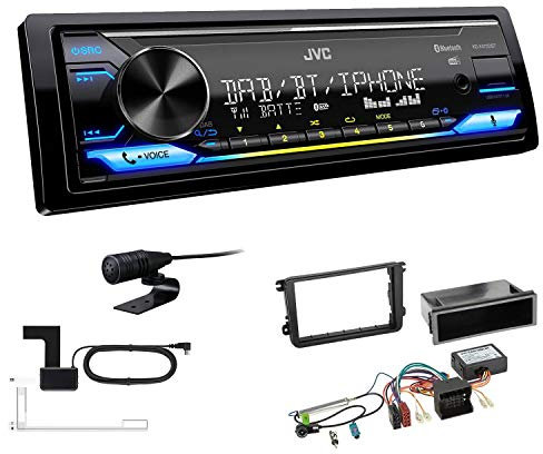 JVC KD-X472DBT 1-DIN Autoradio Bluetooth USB inkl DAB Antenne Einbauset passend für Volkswagen VW T5 Transporter bis 2015 schwarz Runde Eckem inkl Canbus