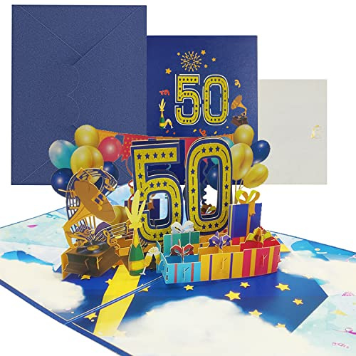 Geburtstagskarte, 3D Pop Up Karte zur Volljährigkeit Geburtstagsparty, Jubiläumskarte Klappkarte mit Nachrichtenkarte und Umschlag für Frauen Mütter Mädchen Männer Freunde (Geburtstagskarte zum 50)