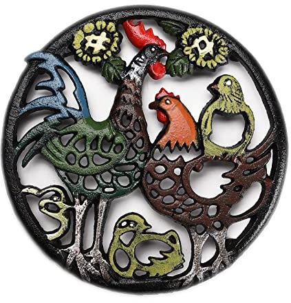 STCREE Dessous de plat pour famille de coqs peints à la main en fonte résistante - rétro aspect rustique, résistant à la rouille, racks ronds, supports pour casseroles chaudes ou théière TQGJST37