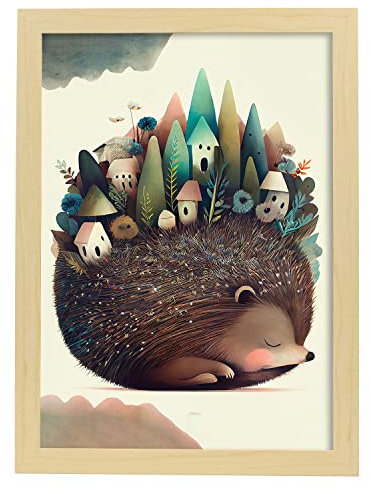 Nacnic Igel Poster im Präzisionsstil. Illustrationen süßer schlafender Tiere in warmen Farben für Kinderzimmer. Innenarchitektur und Dekoration. A3 mit Leichtholzrahmen.