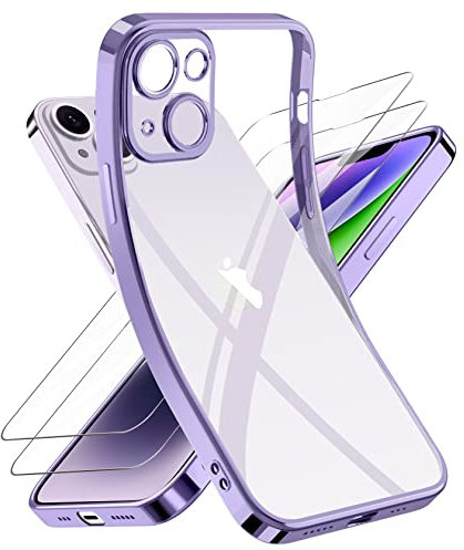 Qasyfanc Cover Protezione Fotocamera Compatibile con iPhone 14 Cover con 2 Pezzi Vetro Temperato Pellicola [Tecnologia Galvanicae Nessun Ingiallimento] Custodia iPhone 14 Silicone Sottile, Viola
