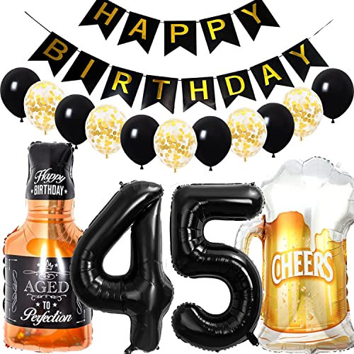 Conruich Decoración de Cumpleaños de 45 años Hombre Mujer, Globo de Foil Whisky Cerveza Vaso Globo de Vino Botella de Cerveza Deco, Gigante Número 45, Fiesta de Cumpleaños Kit para 45 años Mujer