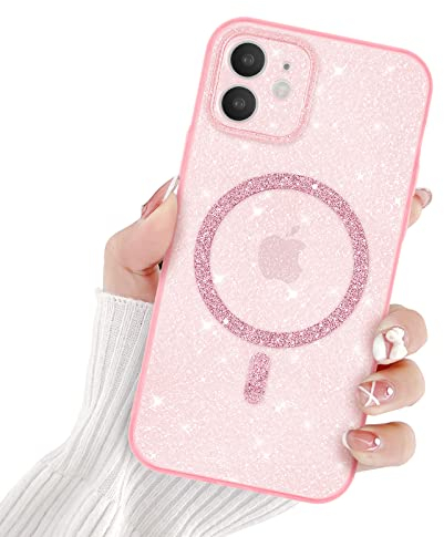 Newseego Glitter Clear iPhone 12 Case for Girls Women [Compatible for MagSafe], Magnetic Phone Case Cute Sparkly Bling Slim Shockproof Camera Protection Bumper Cover for iPhone 12-Pink
