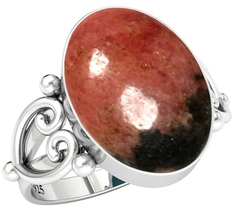 Jeweloporium 925 Sterling Silber Ringe für Damen Natürlich Pink Rhodonite In Black Manganese Edelstein Mode Silber Ringe Größe 49(15.6) Halloween Geschenk Boho Schmuck