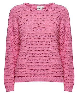 ICHI IHMARION LS4 Damen Strickpullover Feinstrick Pullover 100% Baumwolle Strickpullover mit Rundhalsausschnitt Regular-Fit, Größe:L, Farbe:Super Pink (172625)