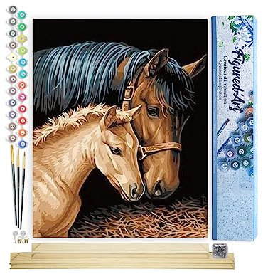 Figured'Art Peinture par Numéro Adulte Jument et Son Petit - Activité Manuelle Kit de Loisir Créatif DIY Numéro d'Art Complet - 40x50cm avec châssis en bois à monter