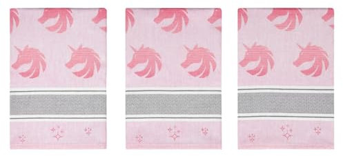 saewelo 3er Set Geschirrtücher in Geschenkverpackung, 100% Baumwolle, 39x56 cm (Kleines Einhorn, Rosa)