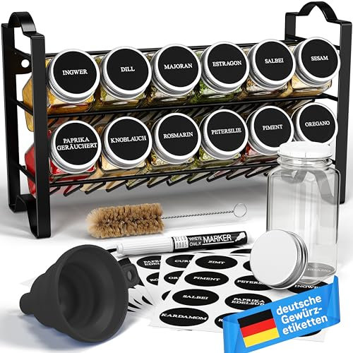 Deco haus® Étagère à Épices & Bocaux - Rangement et Organisation de Cuisine & Maison - Métal, 2 Niveaux - 12 Pots 48 Étiquettes 1 Brosse 1 Entonnoir - Autoportante/Murale - Noire