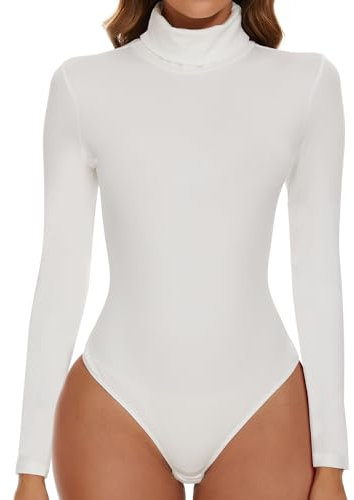 SHAPERIN Bodysuit Turtle Neck Women Long Sleeve Body Suit Women's Bodysuits Tops Leotard One Piece Jumpsuit Top Elegant White S