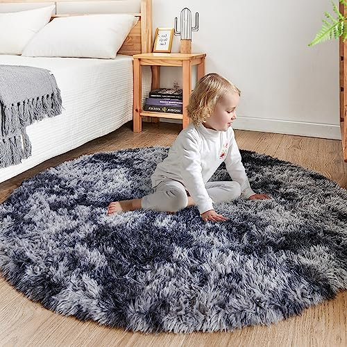 ROHATIM Schlafzimmer Plüsch Teppich Rund,Flauschiger Teppich für Wohnzimmer,modernes Wohnzimmer,Mädchen,weicher und Flauschiger Teppich für das Schlafzimmer Kindermatte(Dunkelgrau,Ø 200 cm Rund)