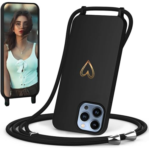 CaseLover Funda para iPhone 14 Pro con Cuerda, Patrón de Corazón, Negro | Silicona Líquida Carcasa con Cordón, con Ajustable y Extraíble Collar Correa Teléfono Case Cover, Anti-Choque Funda Colgante