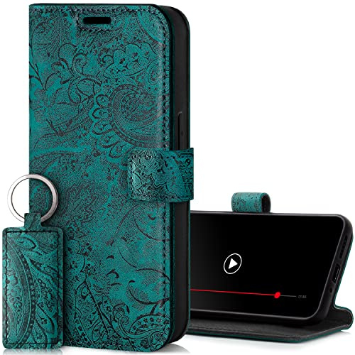 SURAZO Handyhülle für Samsung Galaxy S24 Plus Hülle Leder – Klappbare Echtleder Schutzhülle [Magnet, Kartenfach, RFID Schutz, Blumenmuster] Flip Klapphülle Wallet Case Cover Lederhülle (Türkis)