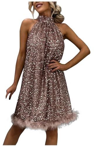Women Halter Neck Sequin Dress Sleeveless Sparkly Glitter Mini Dresses Elastic Waist Cocktail Party Club Dress Evening Formal Clubwear Ladies