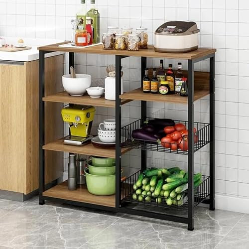 Meyvaser, Estante de Cocina, Mueble de Almacenamiento, para Horno microondas, con 2 cestas metálicas de Malla, 4 Niveles, 80 x 30 x 101 cm, Color Negro y Marrón rústico