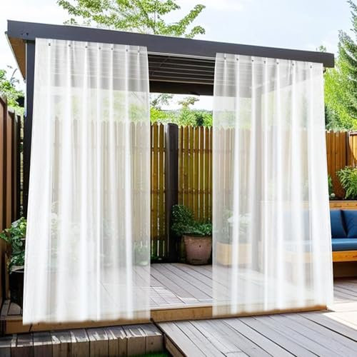 Cortina Exterior Impermeable, 2 Piezas Cortinas De Exterior, 213x132 Cm Transparentes Visillo Blanco, Cortina Impermeable Con Anillos, Cortina Exterior Terraza para Patio Porche Frontal Pérgola Balcón