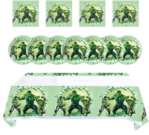 Qemsele Enfants Set de Vaisselle/Fete Vaisselle, 1 Nappe de Table + 20 Assiettes et 20 Serviettes Joyeux Anniversaire Fournitures de décoration de fête pour Soirée, Carnaval et Cadeaux (Hulk)