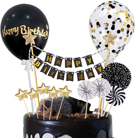 12 Stück Tortendeko Schwarz Gold, Happy Birthday Cake Topper, Kuchendeko Geburtstag Personalisiert, Happy Birthday Tortendeko Geburstagstorte set für Torten Deko Mädchen und Junge