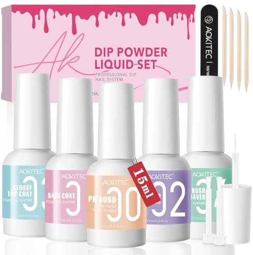 Aokitec 13PCS Dip Powder Liquid Set - Stronger Adhesive PH Bond, Activator, Base, Glossy Top Coat, Brush Saver With Liner Brush - Nail Tool Kit