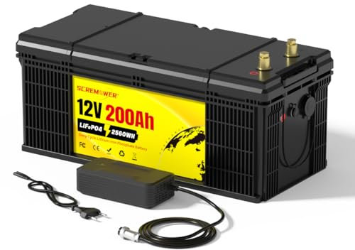 12V 200AH Lifepo4 Lithium Battery with 200A BMS Max. 2560W Load Power Rechargeable Deep Cycle Battery for Off-grid, Trolling Motor, RV, Solar Power