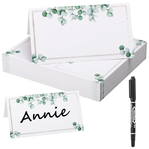 50 Stück Tischkarten Eukalyptus, Konfirmation Feier Sitzplatzkarten, Elegantes Namenskarten Beschriften Tischkarten, Hochzeit Tischkarten mit Schwarzer Stift, Tischdekoration Platzkarten für Party
