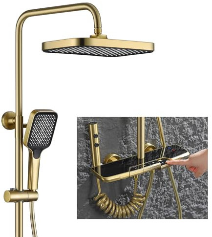 RONMX Colonna Doccia con Miscelatore Termostatico, RSS0407 Moderno Oro Spazzolato Sistema Doccia Completo con 4 Tasti del Pianoforte, 315x210mm Pioggia Soffione Doccia, Regolabile in Altezza