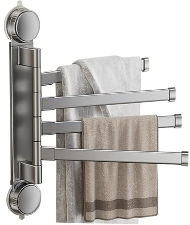 Schwenkbar Handtuchstange,Handtuchhalter 4-Armig 270° Schwenkarme Aluminium Handtuchstangen Ohne Bohren,Saugnapf Badwandhalterung,Badetuchhalter,für Küche,WC,Bad