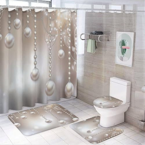 CAEITLRSO Juego de Cortinas de Ducha de 4 Piezas, Plata Perla, Elegante Delicado con alfombras Antideslizantes, Funda para Tapa de Inodoro y Alfombrilla de baño, Juego de decoración