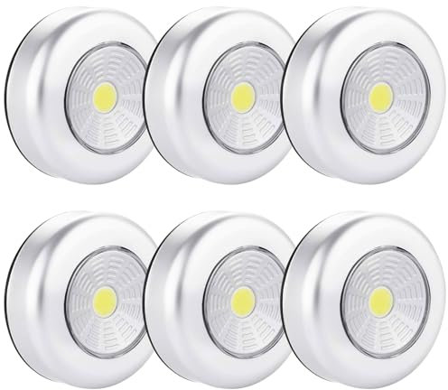 6 Pack LED Battery-Powered Wireless Touch Night Lights, Stick-on Push Light, Self Adhesive Under Cabinet Lamp for Closets, Cabinets, Counters or Utility Rooms, Touch Control Drawer Light, Silver