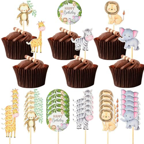 qingmeng 30 Stück Safari Tortendeko Tiere Wild Dschungel Deko Geburtstag Cupcake Deko Muffin Deko Kindergeburtstag Cupcake Topper Tischdeko Babyparty Deko Baby Shower Deko Kuchendeko Geburtstag