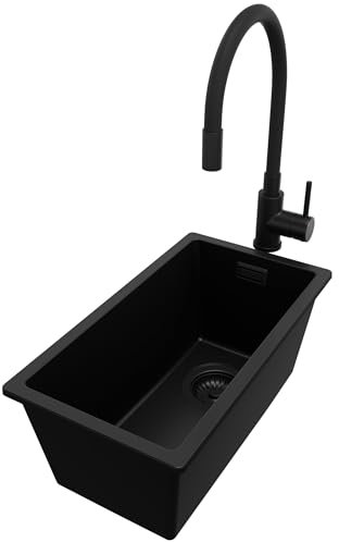 PRIMAGRAN Evier Cuisine en Granit Tout Noir 26x47cm, Lavabo 1 bac + Robinet 40x38cm + Kit de Vidage, Évier à Encastrer al mueble 30cm - London Slim S069