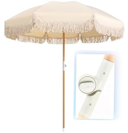 Fransen Sonnenschirm 200 cm Holz-Sonnenschirm Mit Quasten Marktschirm Gartenschirm Terrassenschirm Rund UV50+ Neigbar Kippbar Mit Tragetasche(Beige)