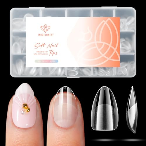 Modelones Extra Short Almond Nail Tips, 360pcs Pre-etched Clear Fake Nails Press On Full Cover Half Matte Acrylic Gel Kit False Tips for Extension Salon DIY at Home 15 Sizes