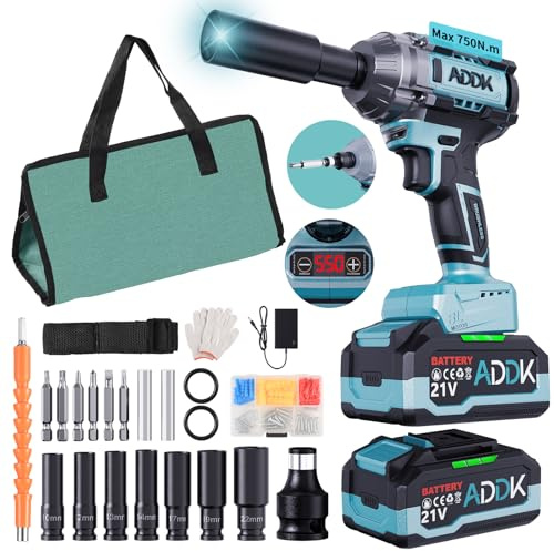Clé à Chocs Sans Fil Brushless 1/2, perceuse sans fil LED avec 2x4.0Ah et Batteries 6 vitesses, 21V visseuse devisseuse sans fil avec Couple maxi 750N.m Pour l'Automobile et l'Usage Domestique