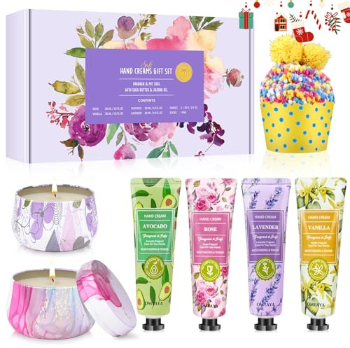 Geschenke für Frauen, 7 Weihnachten Geschenkset mit 4 Handcreme Mini Set, 2 Duftkerze Set, 1 Socken, Kleine Weihnachtsgeschenke für Frauen Kollegen Freundin Mama Valentinstag Muttertag Geburtstag