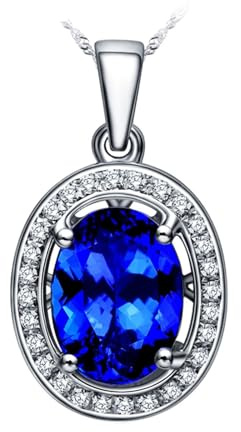 Mesnt Halskette Collier Damen, 18K Weißgold Collier für Frauen with 6x8mm Tansanit 1.35ct und Im Labor hergestellter Diamant