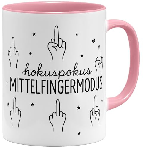 OM3® lustige Mittelfinger Kaffee-Tasse mit Spruch - Hokuspokus Mittelfingermodus - Keramik Becher - 325ml - Beidseitig Bedruckt - Rosa