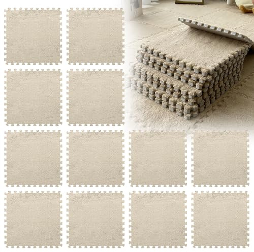 LUPATDY 12 Stück Ineinandergreifende Plüsch Schaumstoffmatte, 30x30cm Schaumstoff Puzzle Matten, Flauschige Wohnzimmer Schlafzimmer Teppichfliesen, Bodenfliesen Für Spielz, Hellbraun