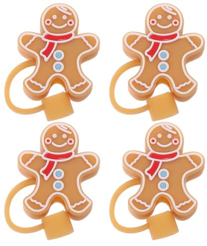 SAFIGLE 4pcs Reusable Straw Caps Dustproof Cover Cute Gingerbread Party Straw Toppers for Tumblers Christmas Decoration