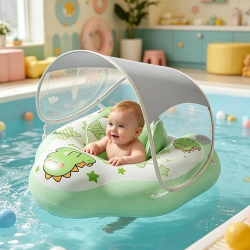 Salvagente Neonato Con Parasole UPF50+, Galleggiante Gonfiabile PerNeonati | Ciambella Piscina Per Bambini 3-18 Antiribaltamento Con Imbracatura Di Sicurezza A 5 Punti Per Mare E Vacanze Estive