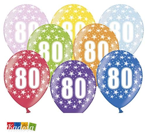 PartyDeco Weiß Bedruckte Luftballons 80. Geburtstag- 80th Birthday auf Hel Luft- Verschiedene Farbens Durchmesser ca. 30 cm (1 Verp. 6 Stück) für Geburtstag Backdrop Ballon Girlande