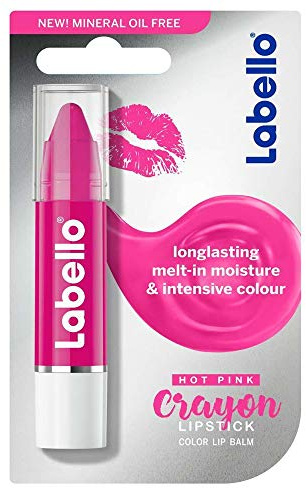 Labello Crayon Lipstick Hot Pink Lápiz de labios en paquete de 4 x 3 g, bálsamo labial con fórmula enriquecida con aceites naturales, hidratante para labios nutritivo fucsia brillante